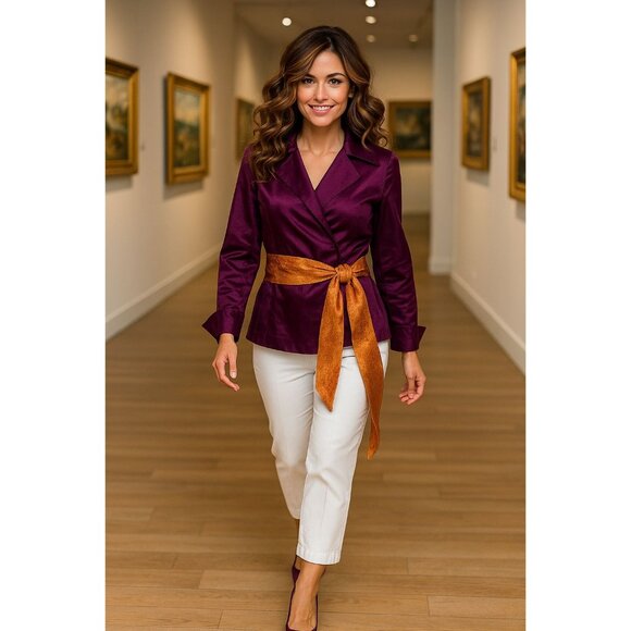 Mestiza New York Large Dark Purple Silk Wrap Jacket Orange Brocade Waist Tie - Picture 1 of 10